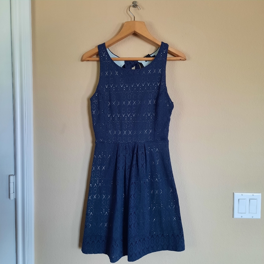 Gap Crochet Dress Sheer Lined Tie Back Fit Flare Sundress Navy Aqua